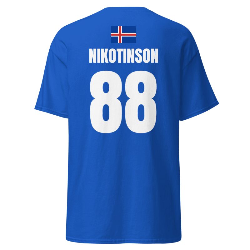 Dunkelblaues Shirt für Island, Rückenansicht mit Island-Flagge, Aufdruck NIKOTINSON und großer Rückennummer 88 – WM T-Shirt.