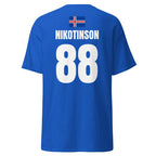 Dunkelblaues Shirt für Island, Rückenansicht mit Island-Flagge, Aufdruck NIKOTINSON und großer Rückennummer 88 – WM T-Shirt.