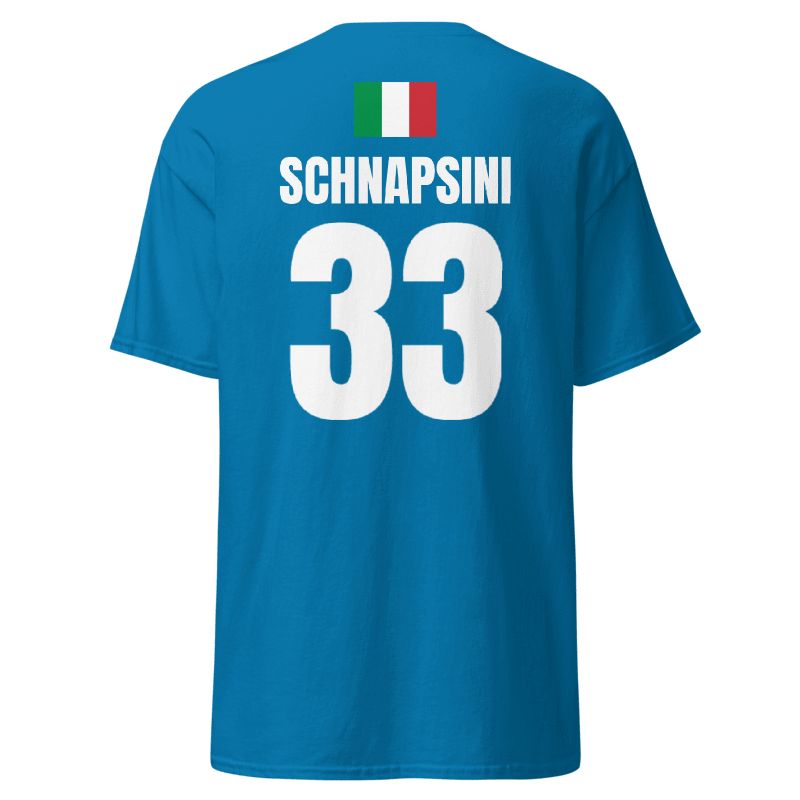 Rückseite hellblaues Sauftrikot Italien mit Italien-Flagge, Name SCHNAPSINI und Nummer 33, freigestelltes Shirt