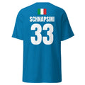 Rückseite hellblaues Sauftrikot Italien mit Italien-Flagge, Name SCHNAPSINI und Nummer 33, freigestelltes Shirt