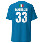Rückseite hellblaues Sauftrikot Italien mit Italien-Flagge, Name SCHNAPSINI und Nummer 33, freigestelltes Shirt