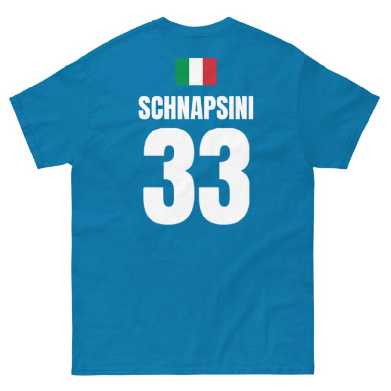 Rückseite hellblaues Sauftrikot Italien mit Italien-Flagge, Name SCHNAPSINI und Nummer 33, freigestelltes Shirt