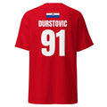 Rotes WM T-Shirt für Kroatien, Rückseite frei mit Name & Nummer DURSTOVIC 91 und Kroatien-Flagge.