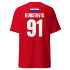 Rotes WM T-Shirt für Kroatien, Rückseite frei mit Name & Nummer DURSTOVIC 91 und Kroatien-Flagge.
