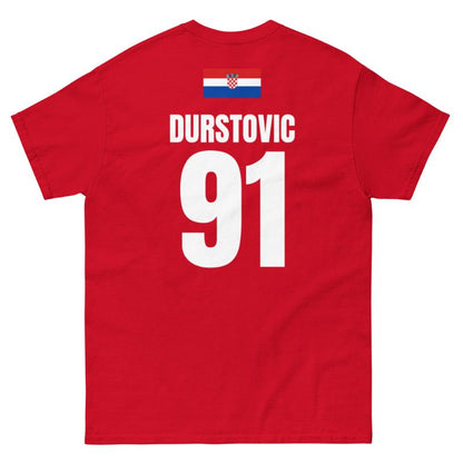 Rotes WM T-Shirt für Kroatien, Rückseite frei mit Name & Nummer DURSTOVIC 91 und Kroatien-Flagge.