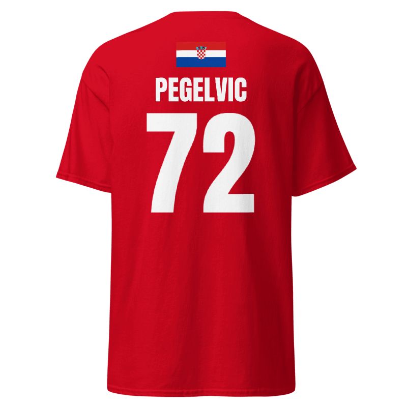 Rotes WM T-Shirt für Kroatien, Rückseite frei mit Schriftzug PEGELVIC 71 und Kroatien-Flagge.