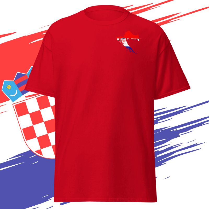Vorderseite eines roten Kroatien T-Shirt mit kleinem Brust-Badge in Landesform und Kroatien-Flagge.