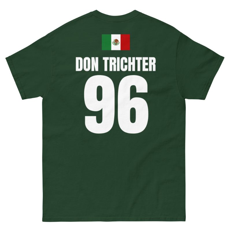 Rueckseite eines dunkelgruenen Mexiko T-Shirt mit Mexiko-Flagge oben, Aufdruck DON TRICHTER und Rueckennummer 96.