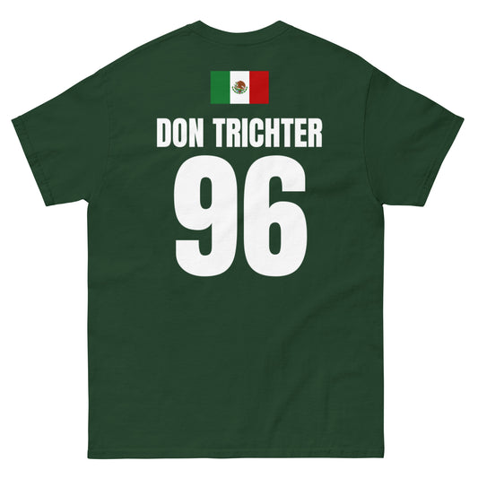 Rueckseite eines dunkelgruenen Mexiko T-Shirt mit Mexiko-Flagge oben, Aufdruck DON TRICHTER und Rueckennummer 96.