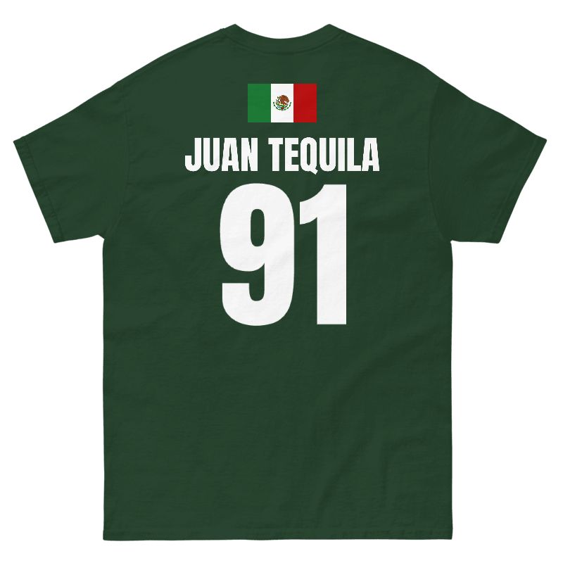 Dunkelgruenes Sauftrikot fuer Mexiko, Rueckenansicht mit Mexiko-Flagge, Name JUAN TEQUILA und Nummer 91 in Weiss.