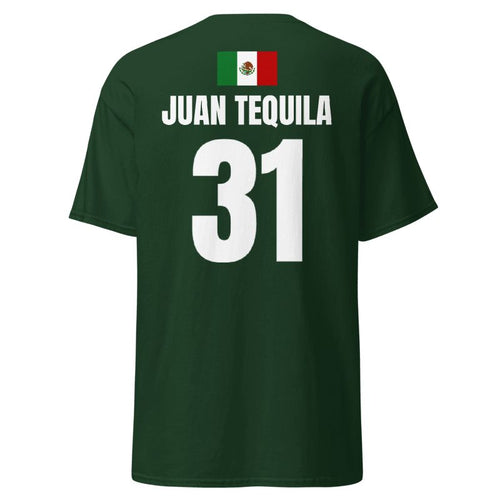 Dunkelgruenes Sauftrikot fuer Mexiko, Rueckenansicht mit Mexiko-Flagge, Name JUAN TEQUILA und Nummer 91 in Weiss.