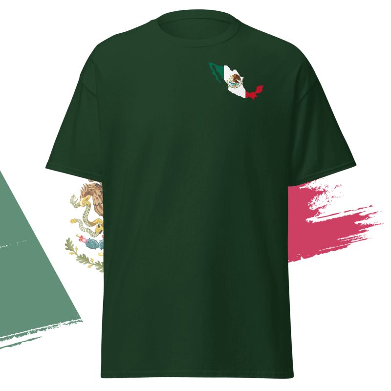 Vorderseite eines dunkelgruenen Mexiko T-Shirt mit kleinem Mexiko-Motiv in Flaggenfarben auf der Brust, freigestellt.