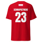 Freigestellte Rückansicht: rotes Shirt mit Polen-Flagge, Name „SCHNAPRZYNSKI“ und Nummer 23, Sauf T-Shirt.