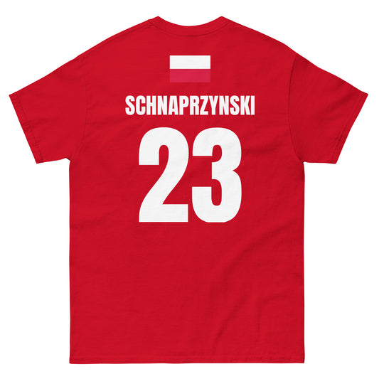 Freigestellte Rückansicht: rotes Shirt mit Polen-Flagge, Name „SCHNAPRZYNSKI“ und Nummer 23, Sauf T-Shirt.