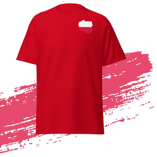 Rotes Sauf T-Shirt mit Polen-Flagge als Brustmotiv auf der Vorderseite, freigestellt vor weißem Hintergrund, WM T-Shirt.