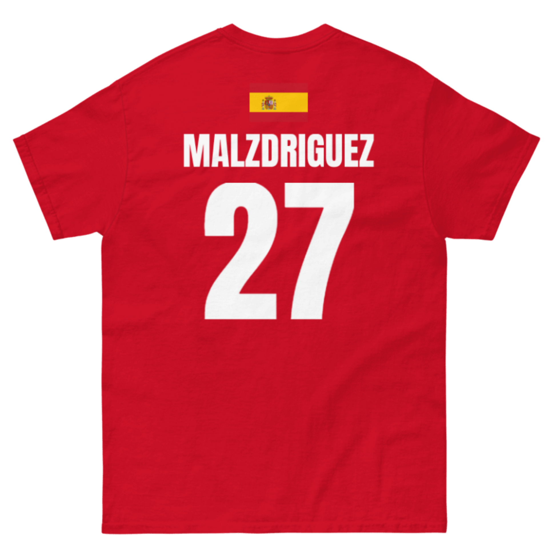 Rotes Spanien Sauf T-Shirt als Freisteller, Rückseite mit Name MALZDRIGUEZ und Nummer 27, oben kleine Spanien-Flagge