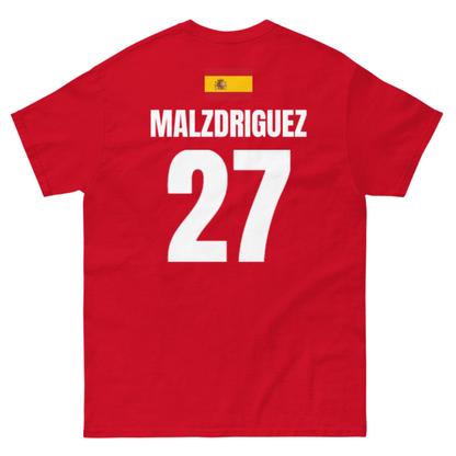 Rotes Spanien Sauf T-Shirt als Freisteller, Rückseite mit Name MALZDRIGUEZ und Nummer 27, oben kleine Spanien-Flagge