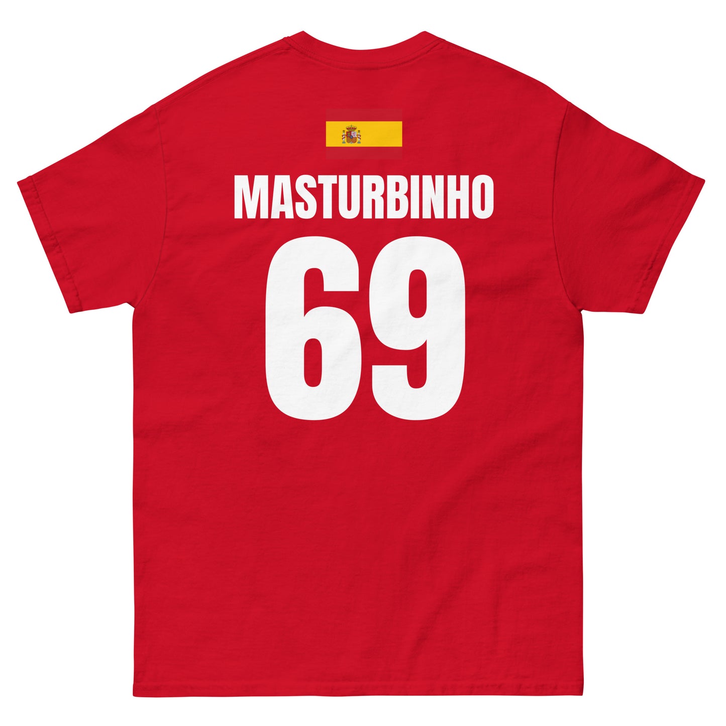 Rotes Spanien T-Shirt als Freisteller, Rückseite mit Name MASTURBINHO und Nummer 69, mit Spanien-Flagge am oberen Rücken