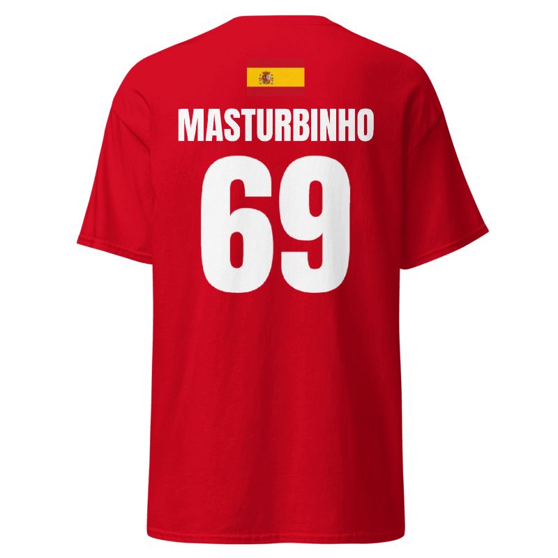 Rotes Spanien T-Shirt als Freisteller, Rückseite mit Name MASTURBINHO und Nummer 69, mit Spanien-Flagge am oberen Rücken