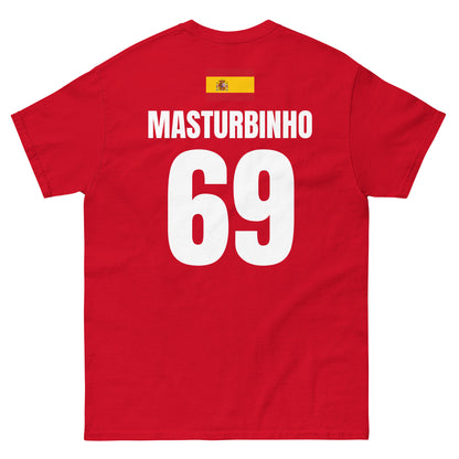 Rotes Spanien T-Shirt als Freisteller, Rückseite mit Name MASTURBINHO und Nummer 69, mit Spanien-Flagge am oberen Rücken
