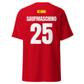 Rotes Spanien WM T-Shirt als Freisteller, Rückseite mit Name SAUFMASCHINO und Nummer 25, kleine Spanien-Flagge oben