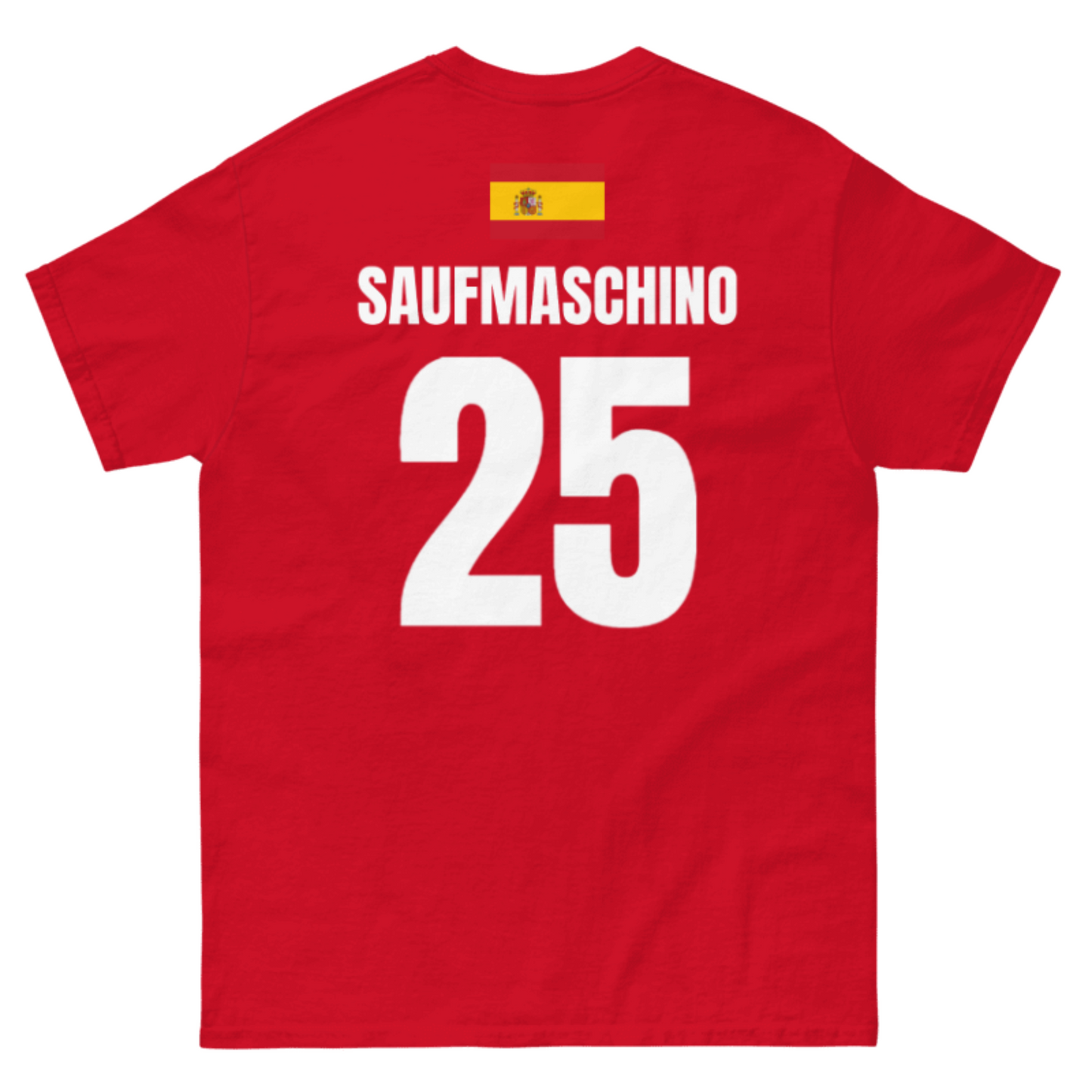 Rotes Spanien WM T-Shirt als Freisteller, Rückseite mit Name SAUFMASCHINO und Nummer 25, kleine Spanien-Flagge oben