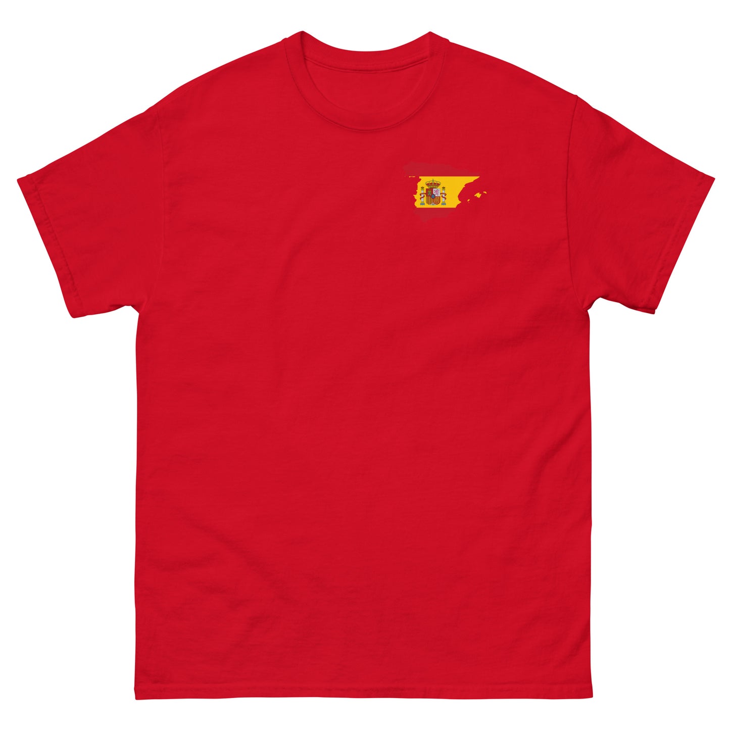 Rotes Spanien WM T-Shirt von vorn, Freisteller mit Spanien-Flagge auf der Brust; personalisierbar mit Name & Nummer