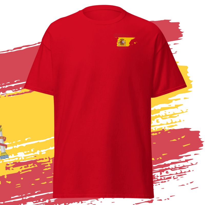 Rotes Spanien WM T-Shirt von vorn, Freisteller mit Spanien-Flagge auf der Brust; personalisierbar mit Name & Nummer