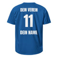 Blaues Vereinstrikot, Rückseite mit „DEIN VEREIN“, Nummer 11 und „DEIN NAME“, freigestellt.