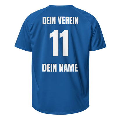 Blaues Vereinstrikot, Rückseite mit „DEIN VEREIN“, Nummer 11 und „DEIN NAME“, freigestellt.