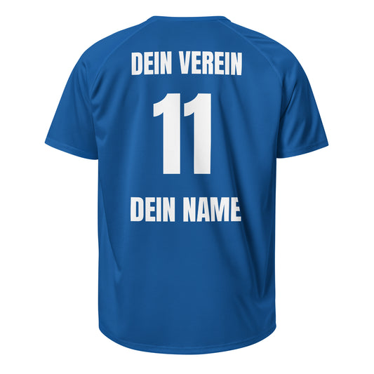 Blaues Vereinstrikot, Rückseite mit „DEIN VEREIN“, Nummer 11 und „DEIN NAME“, freigestellt.