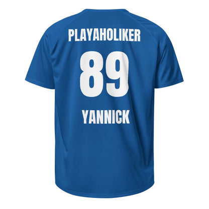 Blaues Mannschaftstrikot hinten mit „PLAYAHOLIKER“, Nummer 89 und Name „YANNICK“, freigestelltes Produktbild.