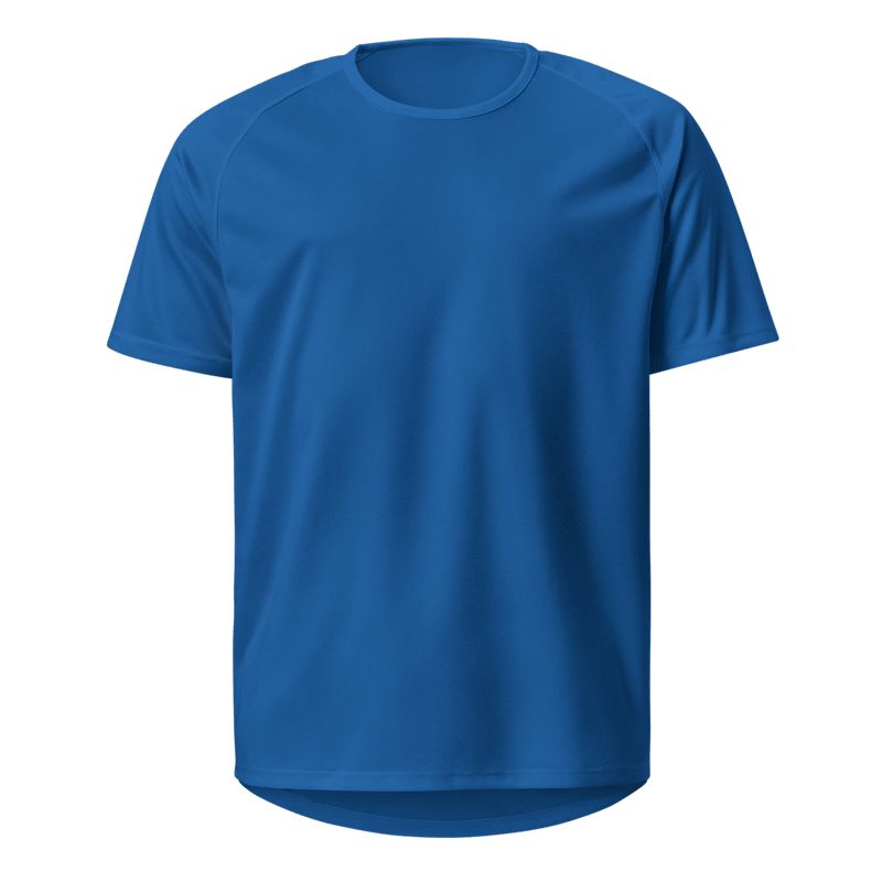 Blaues Teamshirt in Vorderansicht, einfarbig ohne Aufdruck, freigestellt vor neutralem Hintergrund.