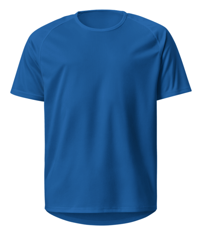 Blaues Teamshirt in Vorderansicht, einfarbig ohne Aufdruck, freigestellt vor neutralem Hintergrund.