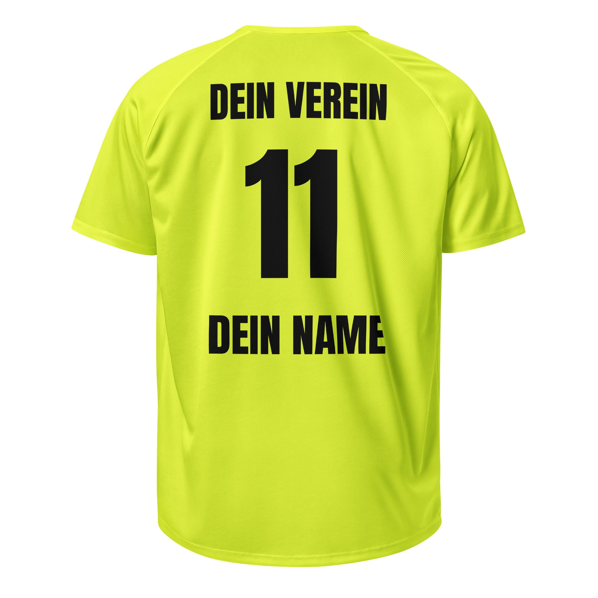 Freigestellte Rückseite in Gelb mit Vereinsname „DEIN VEREIN“, Nummer 11 und Name „DEIN NAME“ – Fantrikot.