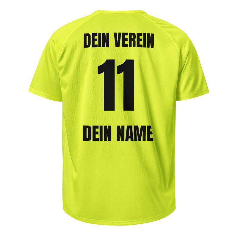 Freigestellte Rückseite in Gelb mit Vereinsname „DEIN VEREIN“, Nummer 11 und Name „DEIN NAME“ – Fantrikot.