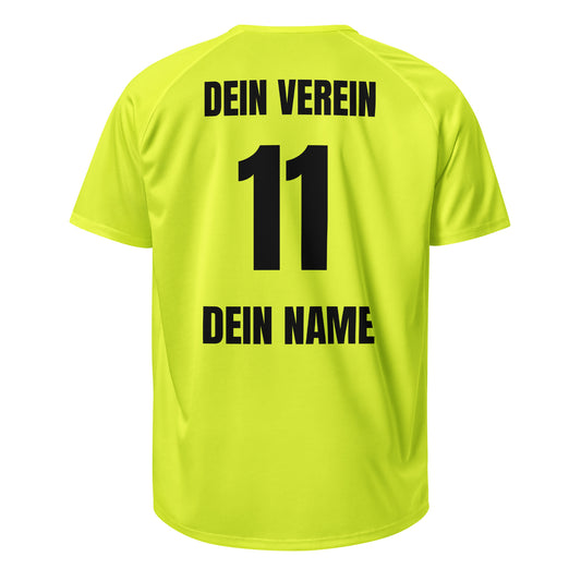 Freigestellte Rückseite in Gelb mit Vereinsname „DEIN VEREIN“, Nummer 11 und Name „DEIN NAME“ – Fantrikot.