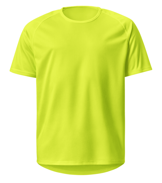 Freigestellte Vorderseite eines gelben Trikots ohne Aufdruck, Rundhals und Kurzarm – Trainingsshirt.