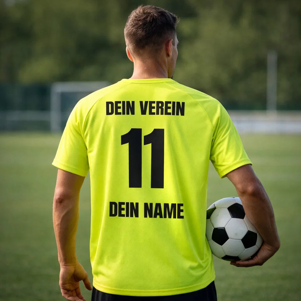 Gelbes Shirt auf Sportplatz, getragen von Mann mit Ball; Rückenprint „DEIN VEREIN“, Nummer 11 und „DEIN NAME“ – Teamshirt.