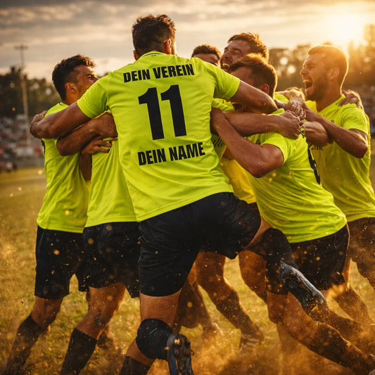 Jubelnde Mannschaft in gelben Shirts mit Rückenprint „DEIN VEREIN“, Nummer 11 und „DEIN NAME“ – Mannschaftstrikot.
