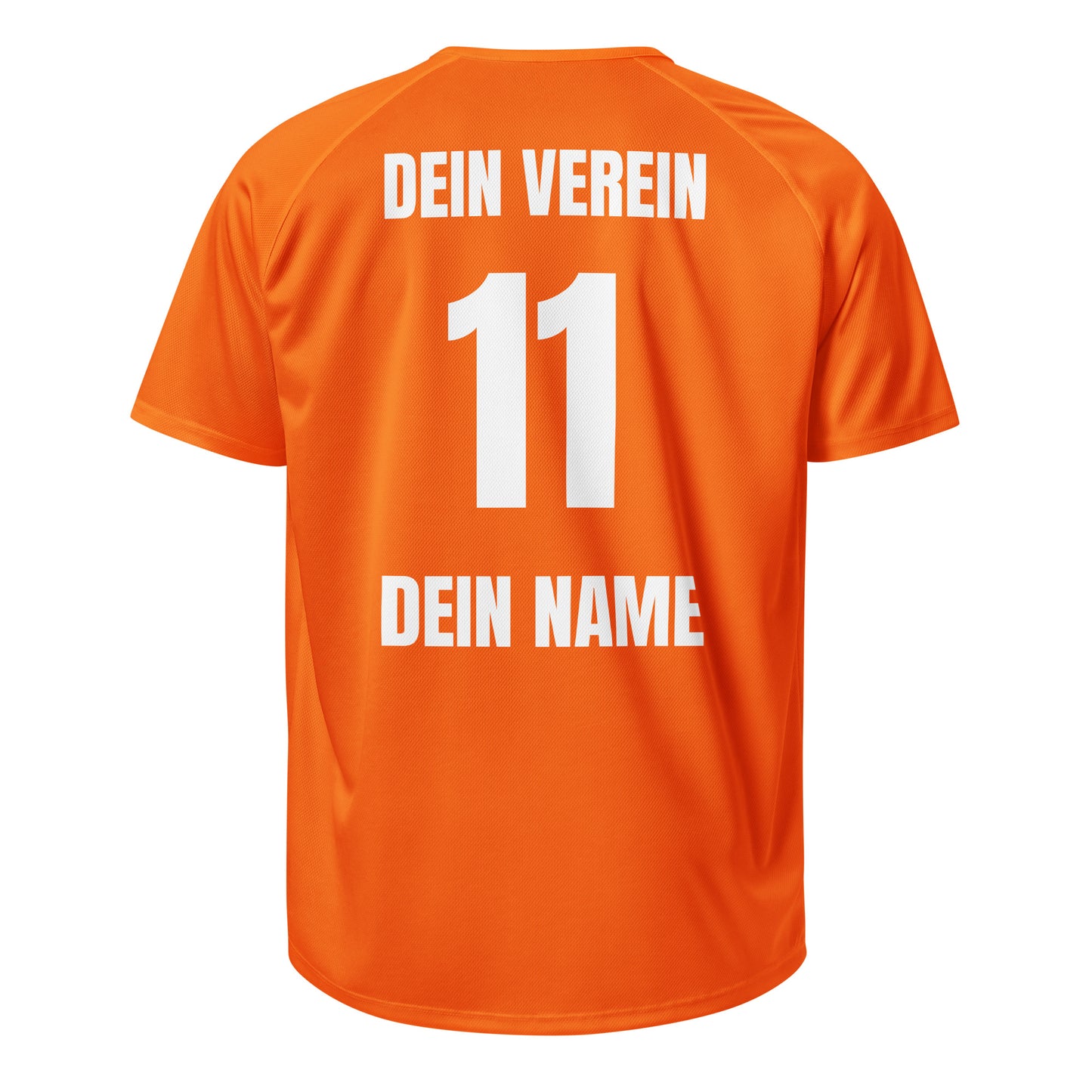 Freigestellte Rückseite in orange mit „DEIN VEREIN“, Nummer 11 und „DEIN NAME“, Vereinstrikot mit Rückennummer.