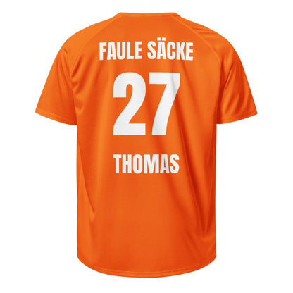 Freisteller Rückseite: orange Trikot mit „FAULE SÄCKE“, Nummer 27 und „THOMAS“, Fantrikot mit Name & Nummer.