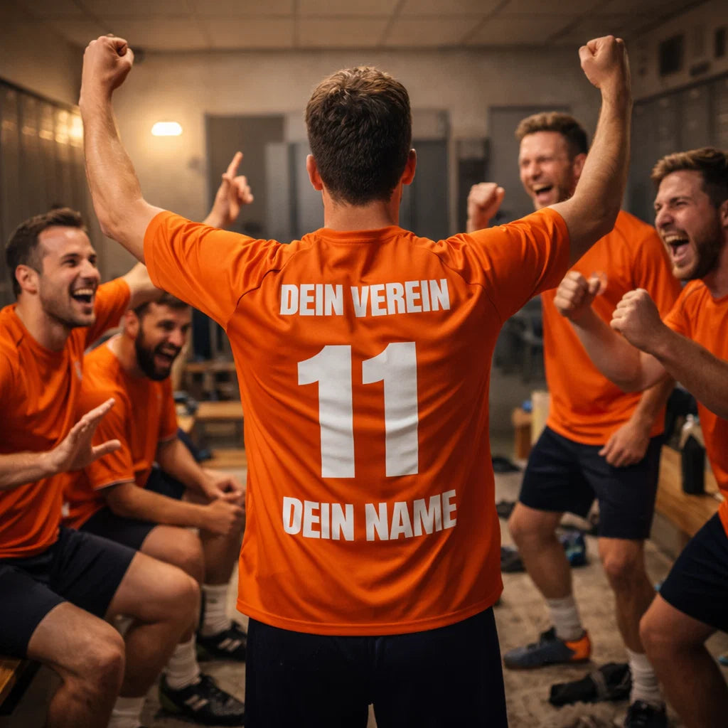 Jubelnde Team-Szene in Kabine, orange Trikot mit „DEIN VEREIN“, Nummer 11 und „DEIN NAME“, Mannschaftstrikot.