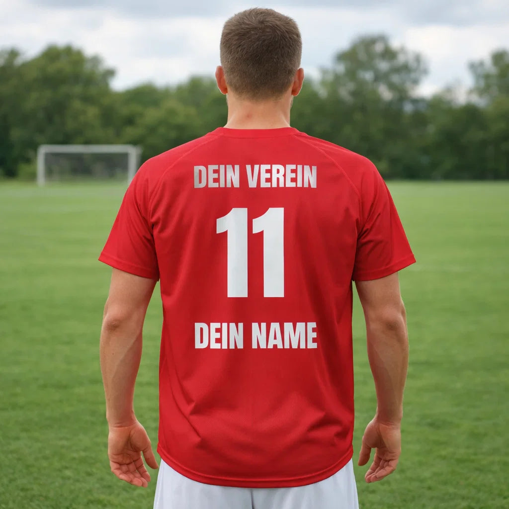 Rotes Trikot, Rückansicht getragen von Mann auf einem Sportplatz, „DEIN VEREIN“, Nummer 11, „DEIN NAME“.