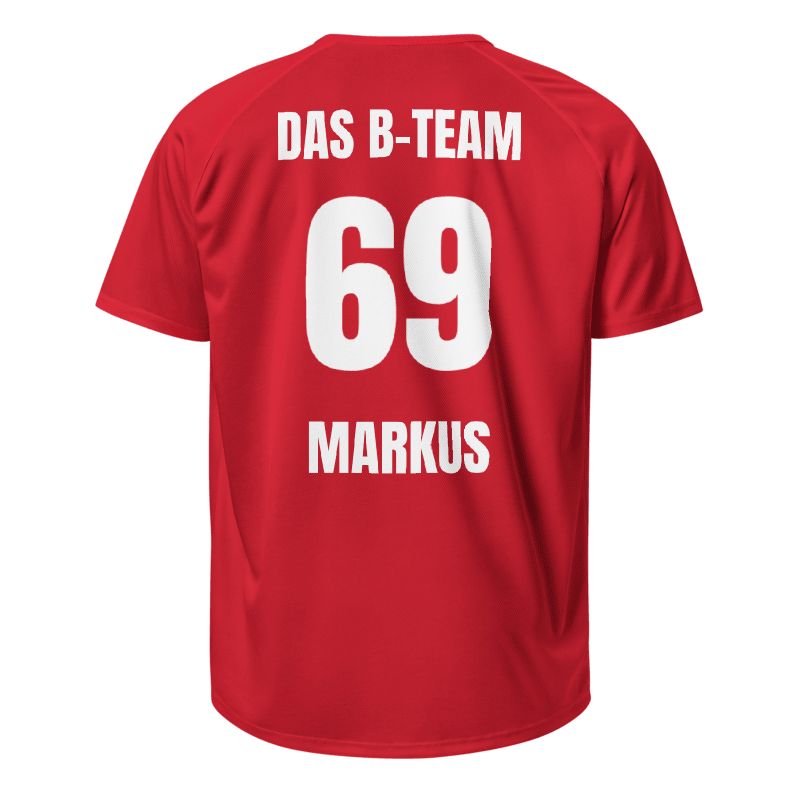 Fußball-Trikot Rückseite in Rot – das B-Team, 69, Markus personalisiert