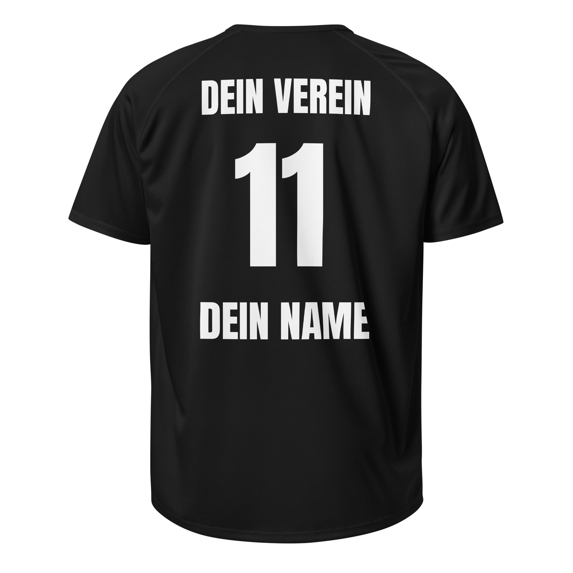 Schwarzes Trikot freigestellt, Rückseite mit „DEIN VEREIN“, Nummer 11 und „DEIN NAME“ in Weiß, Fantrikot.