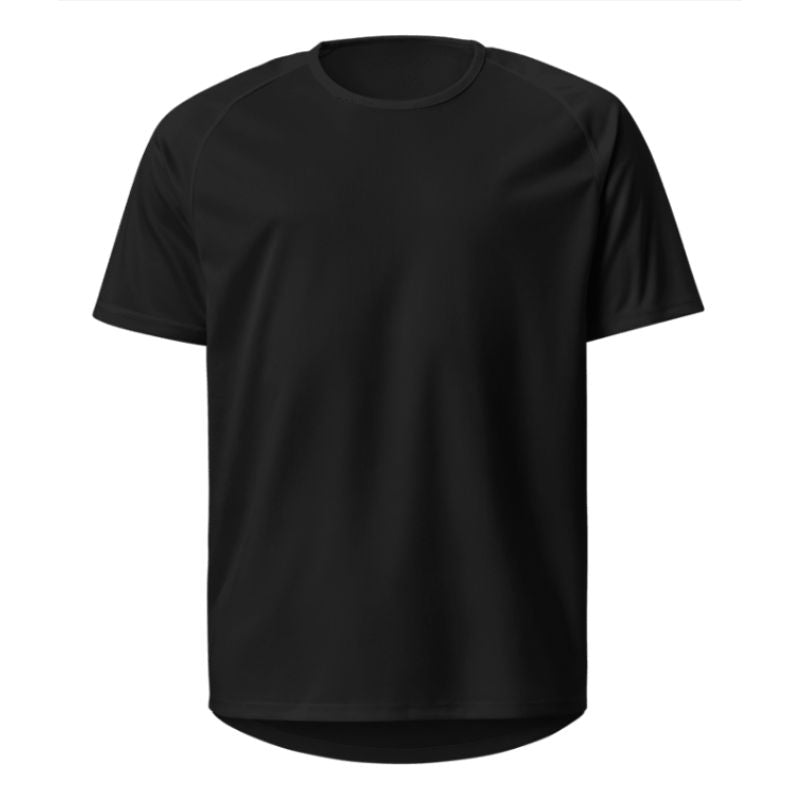 Schwarzes Trikot als Freisteller von vorn ohne Aufdruck, einfarbiges Shirt mit Rundhals, Trainingsshirt.