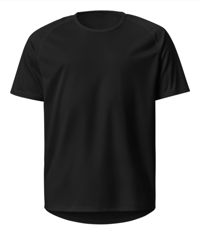 Schwarzes Trikot als Freisteller von vorn ohne Aufdruck, einfarbiges Shirt mit Rundhals, Trainingsshirt.