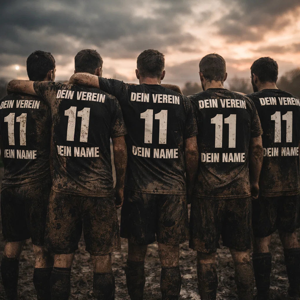 Schwarze Trikots im Schlamm auf dem Sportplatz, Rücken mit „DEIN VEREIN“ und Nummer 11, Mannschaftstrikot.