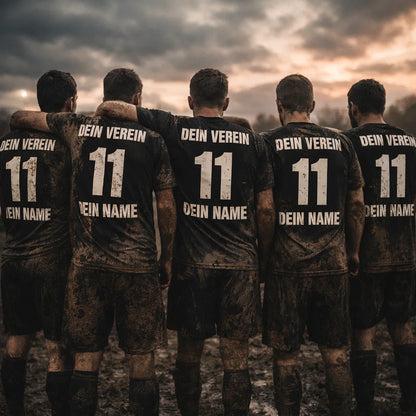 Schwarze Trikots im Schlamm auf dem Sportplatz, Rücken mit „DEIN VEREIN“ und Nummer 11, Mannschaftstrikot.